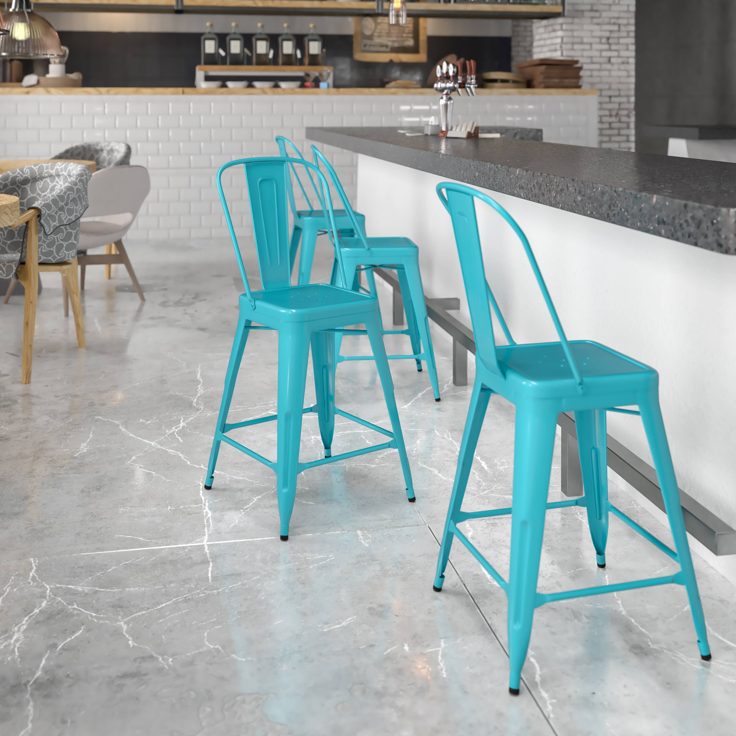 Alt View 2. Emma + Oliver - Commercial Grade 4 Pack 24" High Metal Indoor-Outdoor Counter Height Stool with Back - Crystal Teal-Blue.