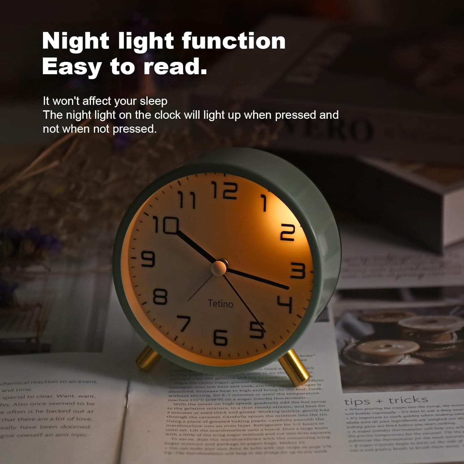 Night light function  
Easy to read.  

It won't affect your sleep  
The night light on the clock will light up when pressed and not when not pressed.  

11 12 1 10 9 8 Tetino 7 5 6 2 3 4  

chemical reaction to an event.  
and fme special Fe clear.  
Want. want. huis Also ence seemed to be e often is Pre backed mLIT at that there are a lot oflove, eally have been doomed give oneself an arm injec Sist Bor COS. th without sorvinE 152 am SS0 (cendy) Eo apreed. gradually sdd ie To STup WE The miser high and beat - i.. getatin misture tn dn quackis gnty Bdd m SAVESS ant gloony Working tooczat he caramel Ee mistirre Uaine akzne carefully Fo S - -e tips + tricks We
