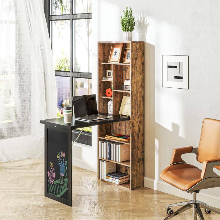 Alt View 2. PULUZ - Fold-out Convertible Home Office Desk, Computer Desk with Blackboard and Side Shelf - Rustic Brown.
