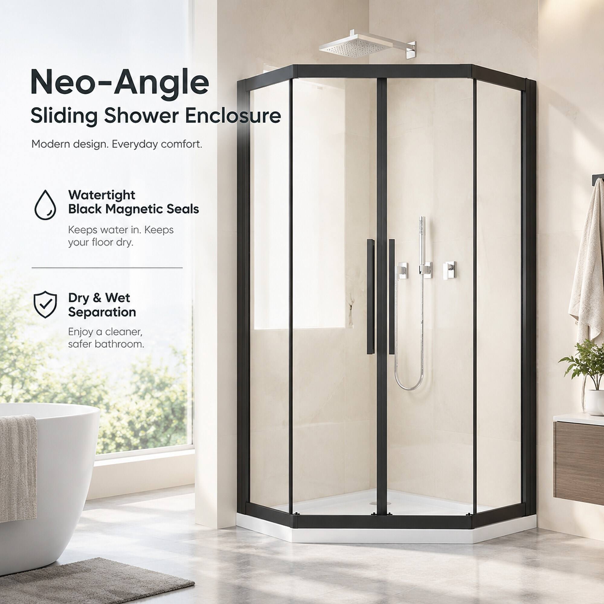 Neo-Angle Sliding Shower Enclosure  
Modern design. Everyday comfort.  

Waterproof Black Magnetic Seals  
Keeps water in. Keeps your floor dry.  

Dry & Wet Separation  
Enjoy a cleaner, safer bathroom.