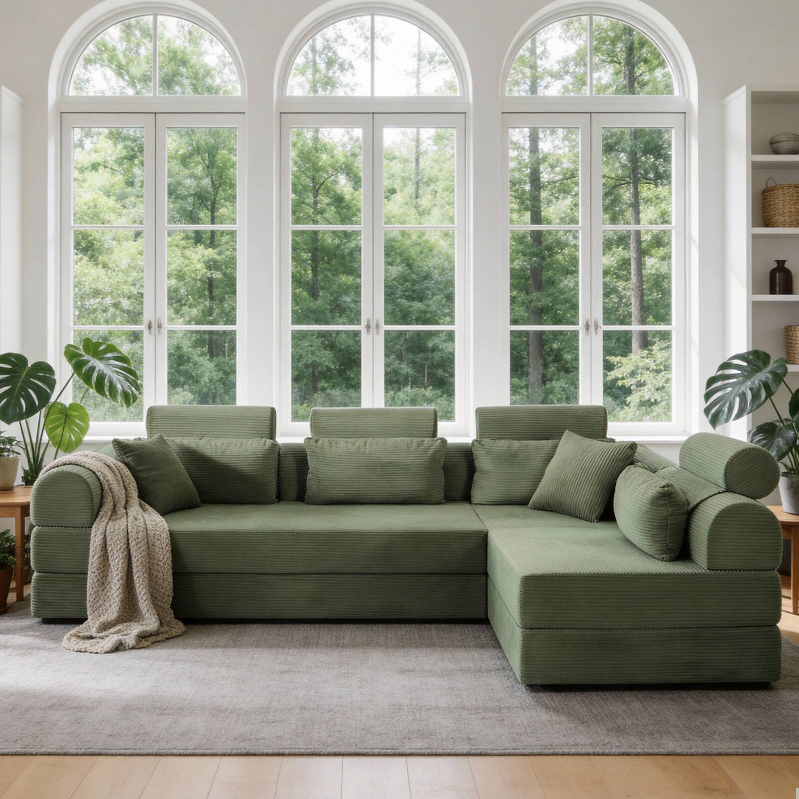 Angle. Anysun - L-Shape Corduroy Modular Sectional Sofa - Minimalist Compressed Design, Unfolds into Bed, Space-Efficient - Grayish Green.