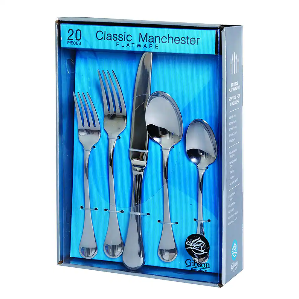 Gibson - Home Manchester Classic Stainless Steel Flatware Silverware Set, 20 Piece - Silver