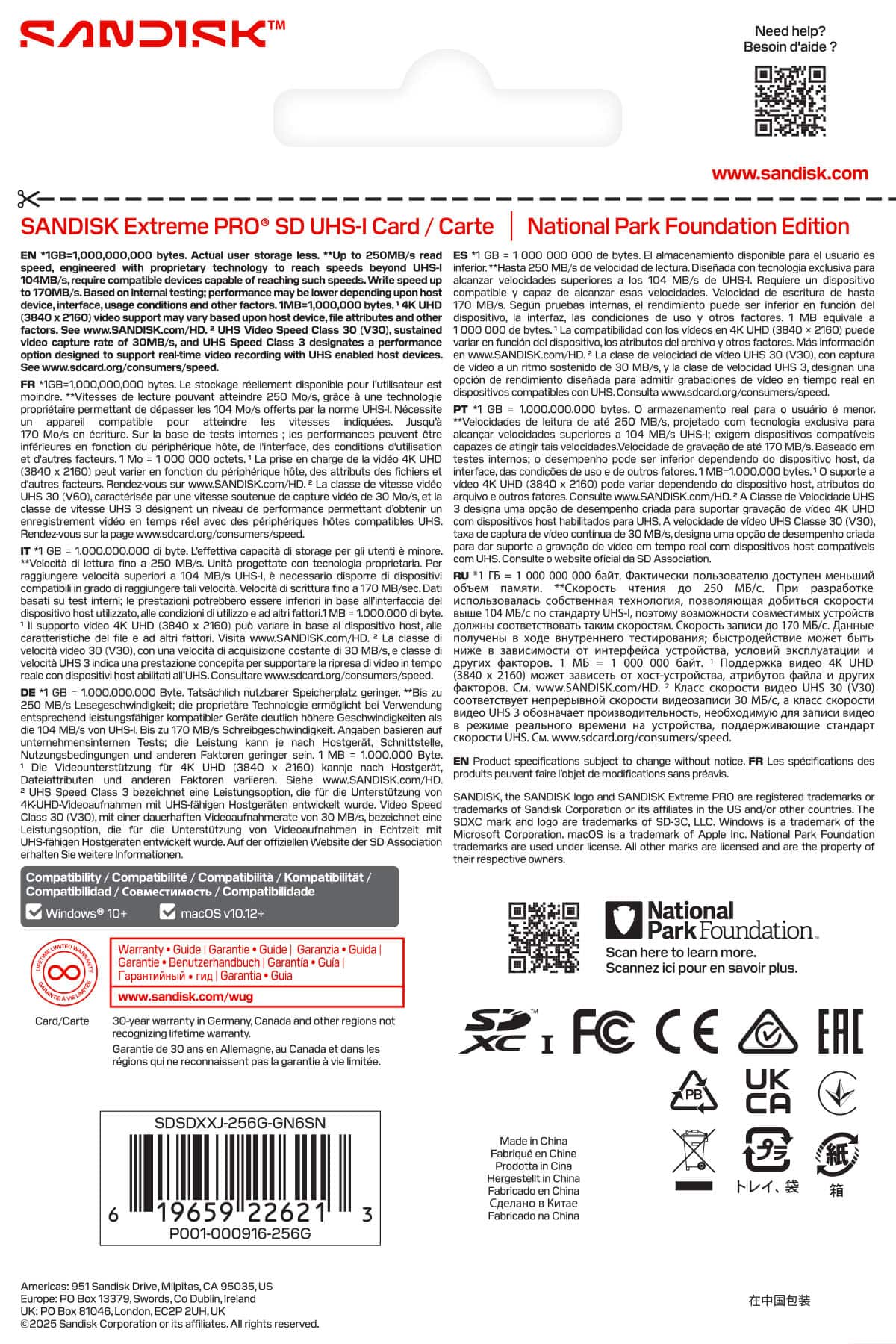 Sure, here is the corrected and grouped text from the image:
---
**SANDISK Extreme PRO® SD UHS-I Card / Carte**
**National Park Foundation Edition**
**EN *1GB=1,000,000,000 bytes. Actual user storage less.**
**Up to 250MB/s**
**Engineered with proprietary technology to reach speeds beyond UHS-I**
**170MB/s write speed, 3040x2160 video support, and other factors may vary based on host device, file attributes, and other factors.**
**170MB/s write speed, 3040x2160 video support, and other factors may vary based on host device, file attributes, and other factors.**
**See www.sandisk.com/speed.**
**1GB=1,000,000,000 bytes. El almacenamiento disponible para el usuario es inferior a 1GB.**
**Hasta 250MB/s de velocidad de lectura. Diseñada con tecnología exclusiva para alcanzar velocidades superiores a 170MB/s.**