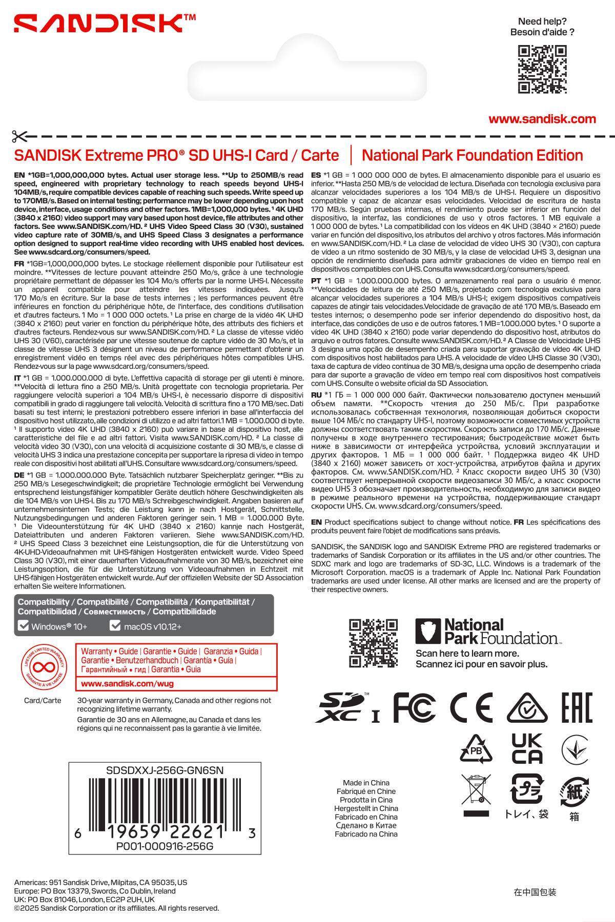 Sure, here is the corrected and grouped text from the image:

---

**SANDISK Extreme PRO® SD UHS-I Card / Carte**

**National Park Foundation Edition**

**EN *1GB=1,000,000,000 bytes. Actual user storage less.**  
**Up to 250MB/s**  
**Engineered with proprietary technology to reach speeds beyond UHS-I**  
**170MB/s write speed, 3040x2160 video support, and other factors may vary based on host device, file attributes, and other factors.**  
**170MB/s write speed, 3040x2160 video support, and other factors may vary based on host device, file attributes, and other factors.**  
**See www.sandisk.com/speed.**

**1GB=1,000,000,000 bytes. El almacenamiento disponible para el usuario es inferior a 1GB.**  
**Hasta 250MB/s de velocidad de lectura. Diseñada con tecnología exclusiva para alcanzar velocidades superiores a 170MB/s.**