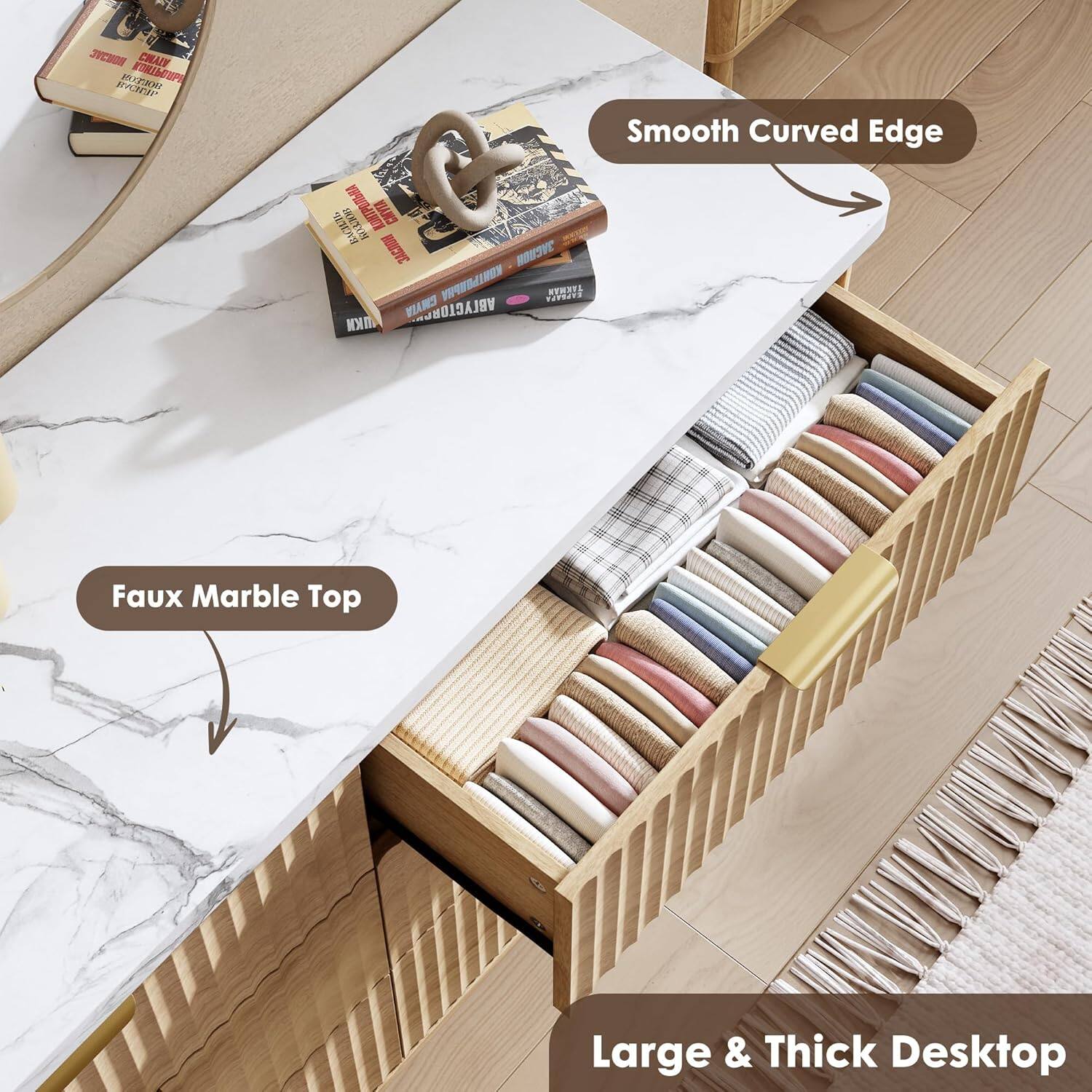 - Smooth Curved Edge
- Faux Marble Top
- Large & Thick Desktop