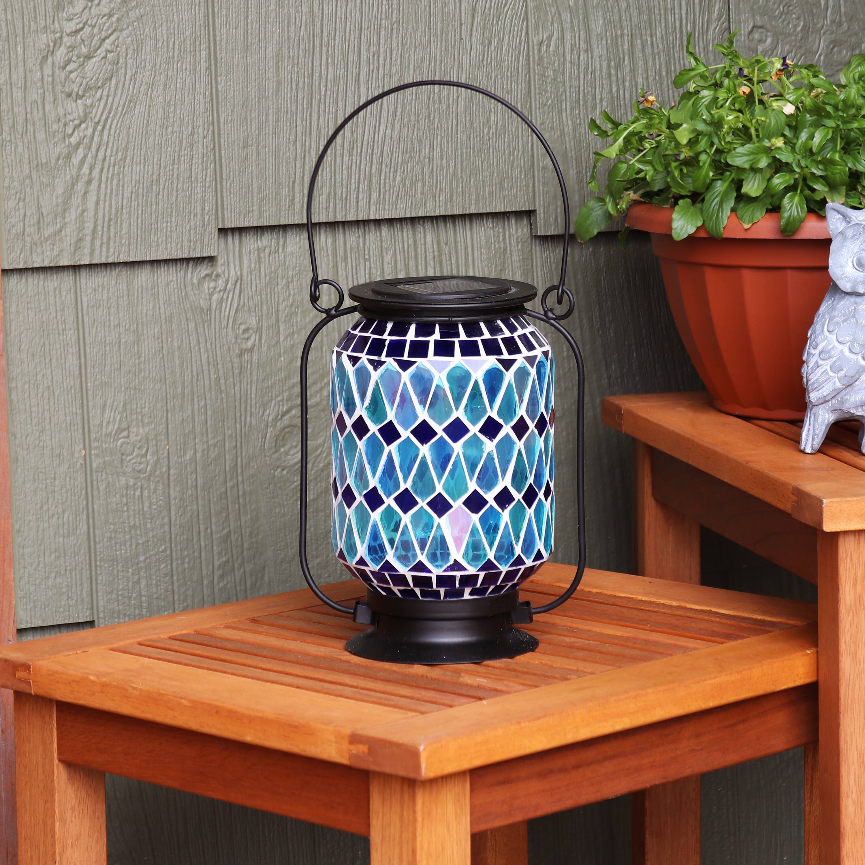 Alt View 3. Sunnydaze - Glass Outdoor Solar LED Lantern - 8 in - Blue.
