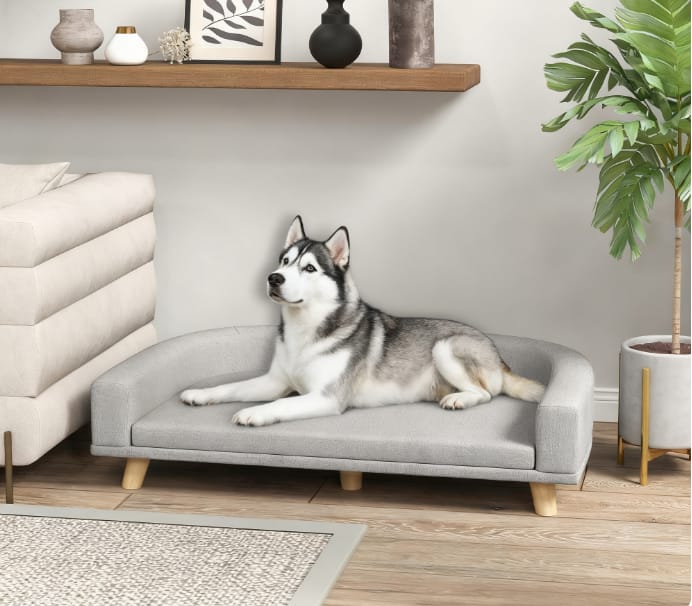 Siljoy - Pet Sofa for Large Dogs, Washable Cushion, Elevated Design with Pine Wood Legs, 66 lb Capacity - Gray