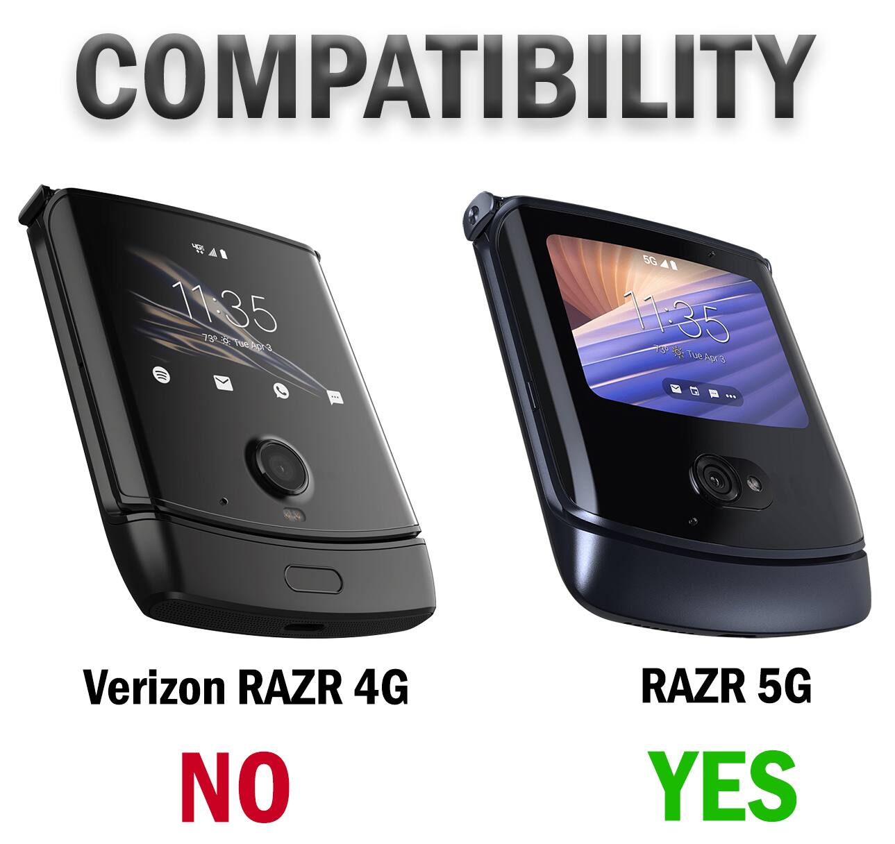 COMPATIBILITY

11:35 73° Tue Apr 3

Verizon RAZR 4G NO

RAZR 5G YES