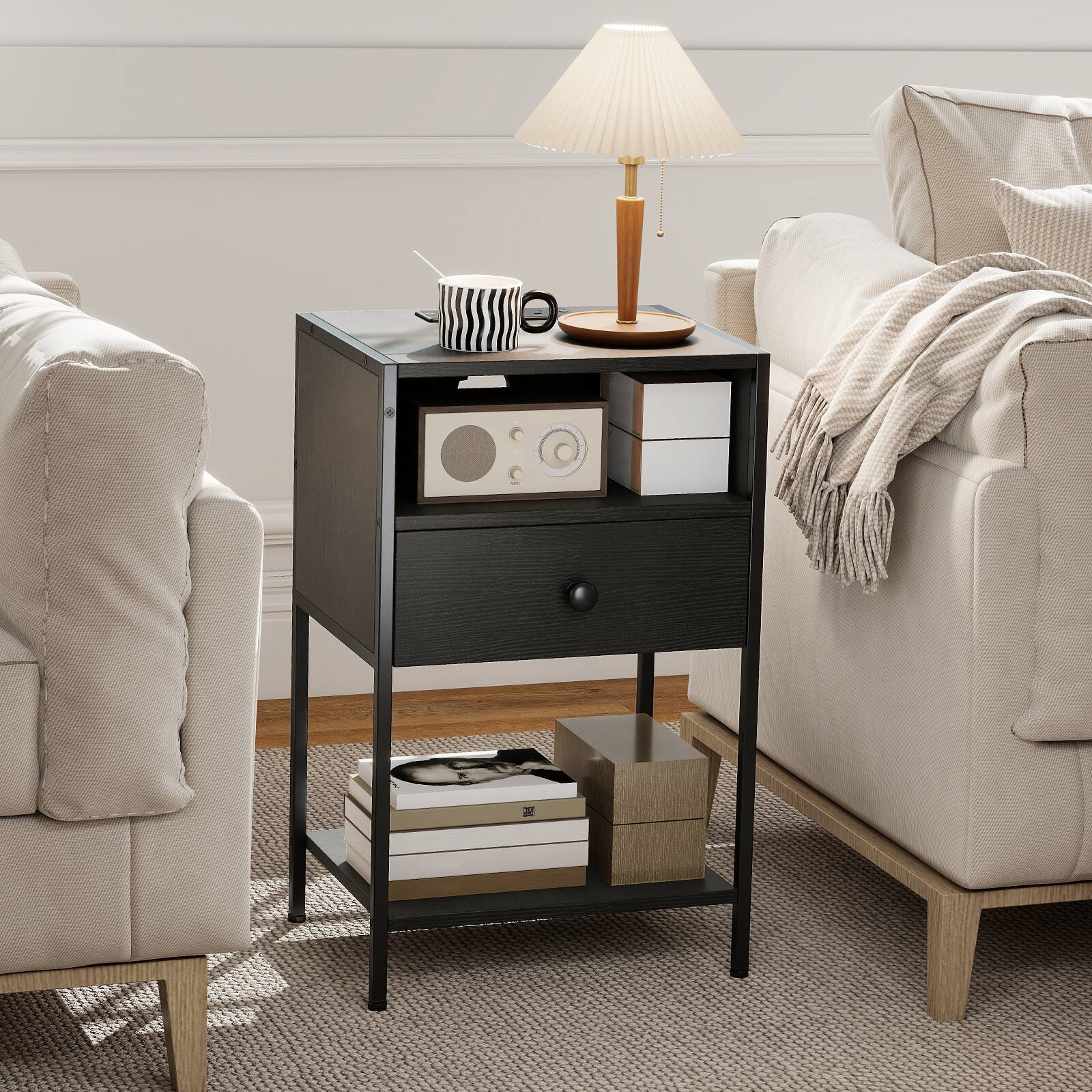 Alt View 3. Gymax - Gymax Nightstand w/ Charging Station Bedside Table w/ USB Ports & Outlets Black - Black.