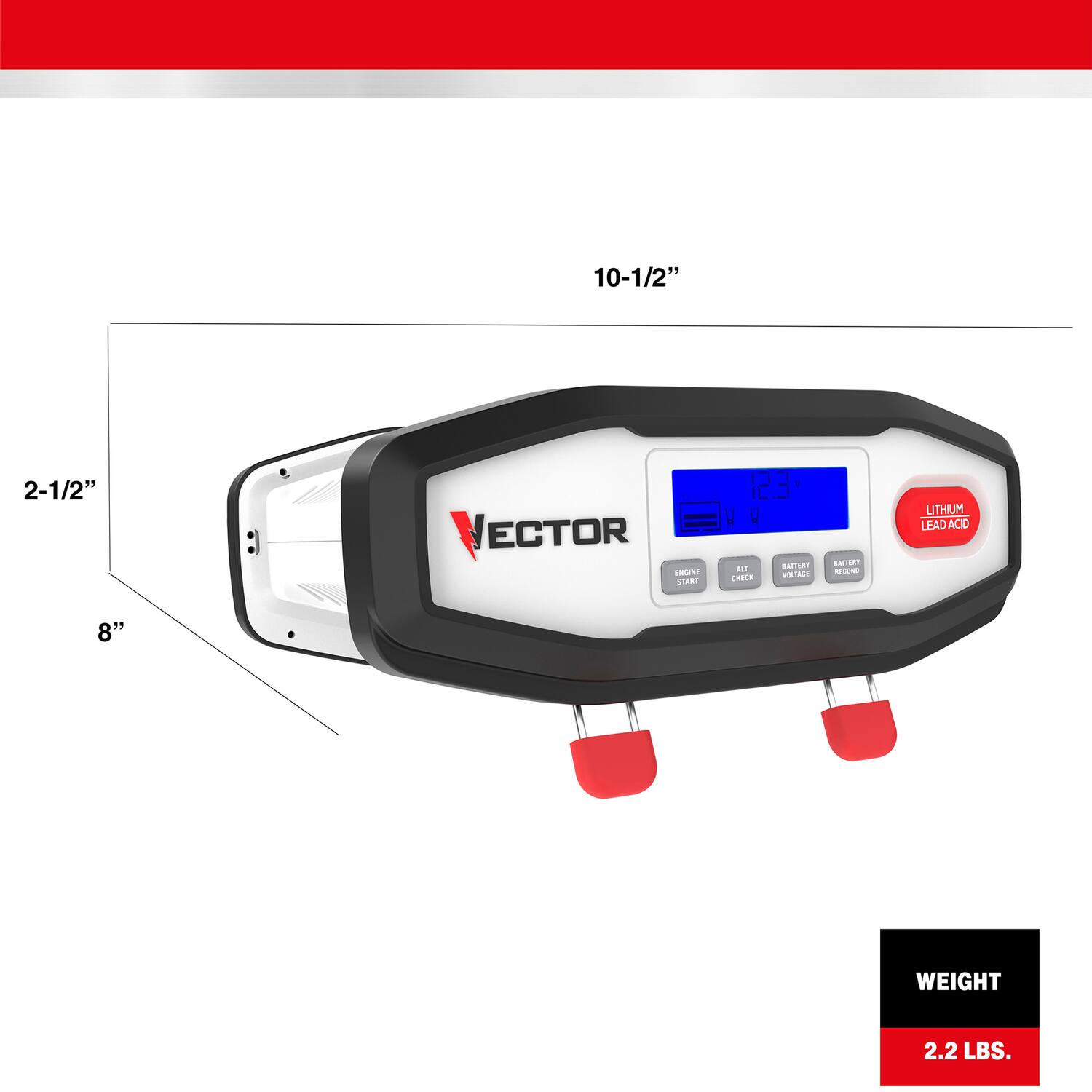 10-1/2" 2-1/2" VECTOR TRCR START 23 I 10 ALE BATOY ENELA VALY SUTER RESON LITHIUM LEAD ACID 8" WEIGHT 2.2 LBS.