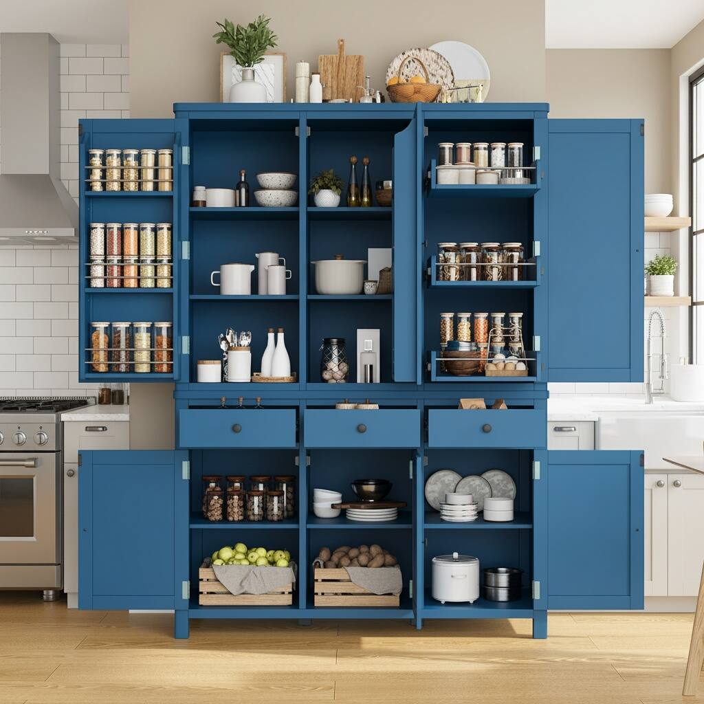 Left. Forest'nSky - 74.8" Tall Kitchen Pantry, 53" Wide Large Storage Cabinet with Drawers & Pull-Out Trays, Blue - Blue.