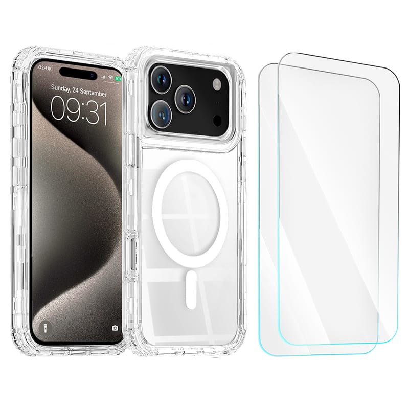 Entronix - 3-in-1 Bundle for iPhone 17 Pro - Magnetic Heavy Duty Case with 2 Screen Protectors - Clear