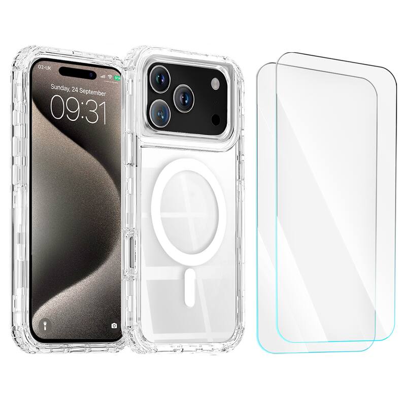 Entronix - 3-in-1 Bundle for iPhone 17 Pro - Magnetic Heavy Duty Case with 2 Screen Protectors - Clear