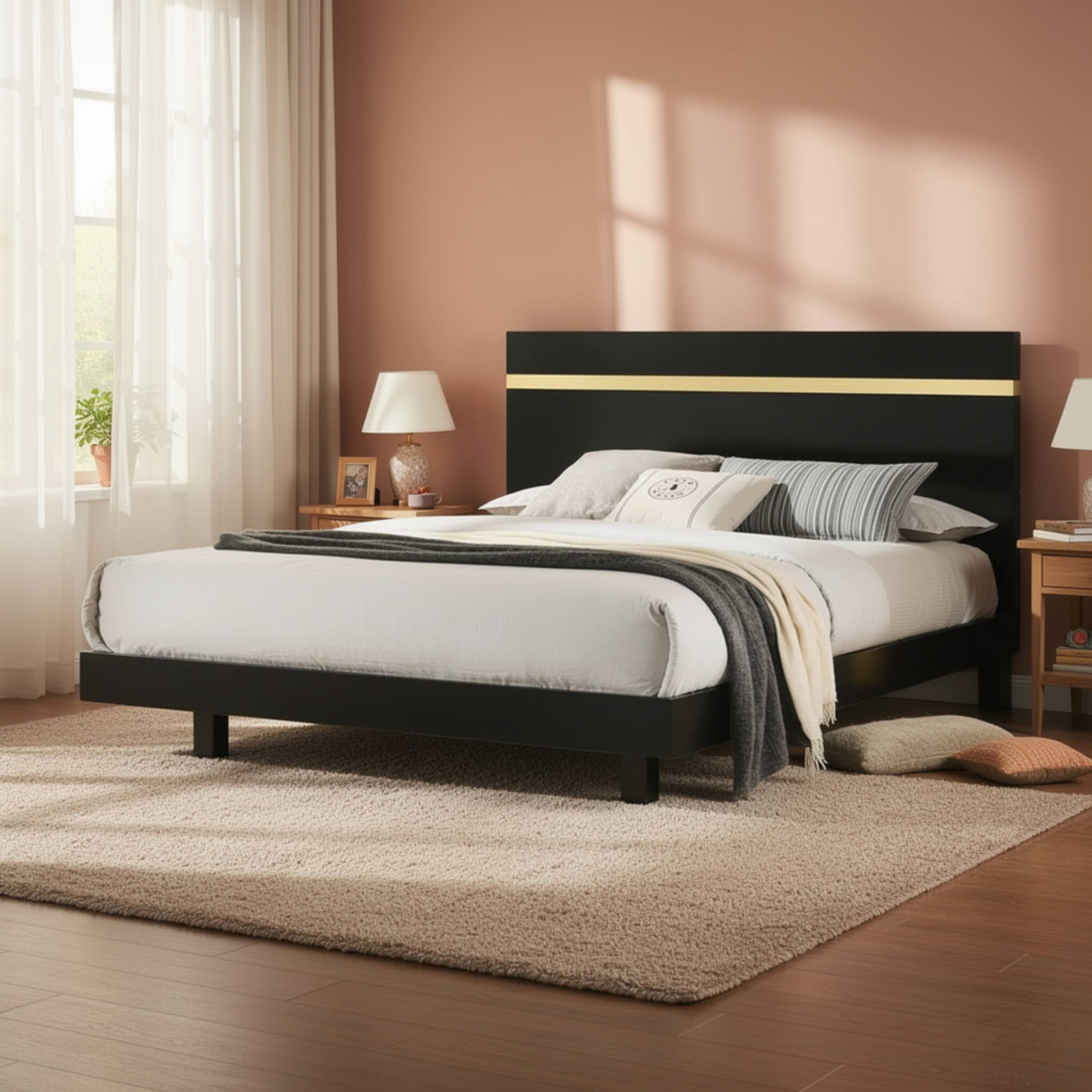 Alt View 5. Manhattan Lane - Yoki Full Size Bed w Underbed LED, Acrylic Gold Trim, Black Frame - Black, Gold.