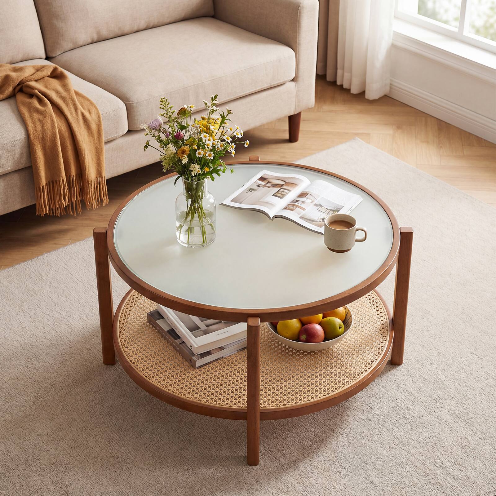 Alt View 3. Gymax - Gymax Rattan Coffee Table 2-Tier Wooden Center Table w/ Frosted Tempered Glass Top - Brown.