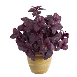 BreeBe - 12" Basil Artificial Plant in Ceramic Planter - Burgundy