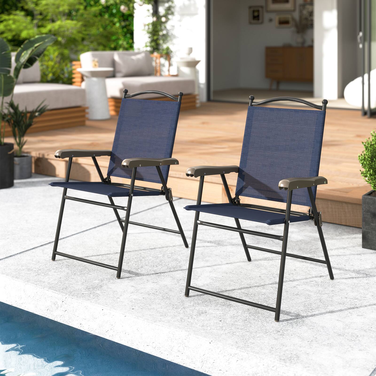 Alt View 4. Gymax - Gymax Patio Folding Chairs Set of 2 Outdoor Dining Chairs w/ Ergonomic Backrests & Armrests - Navy.