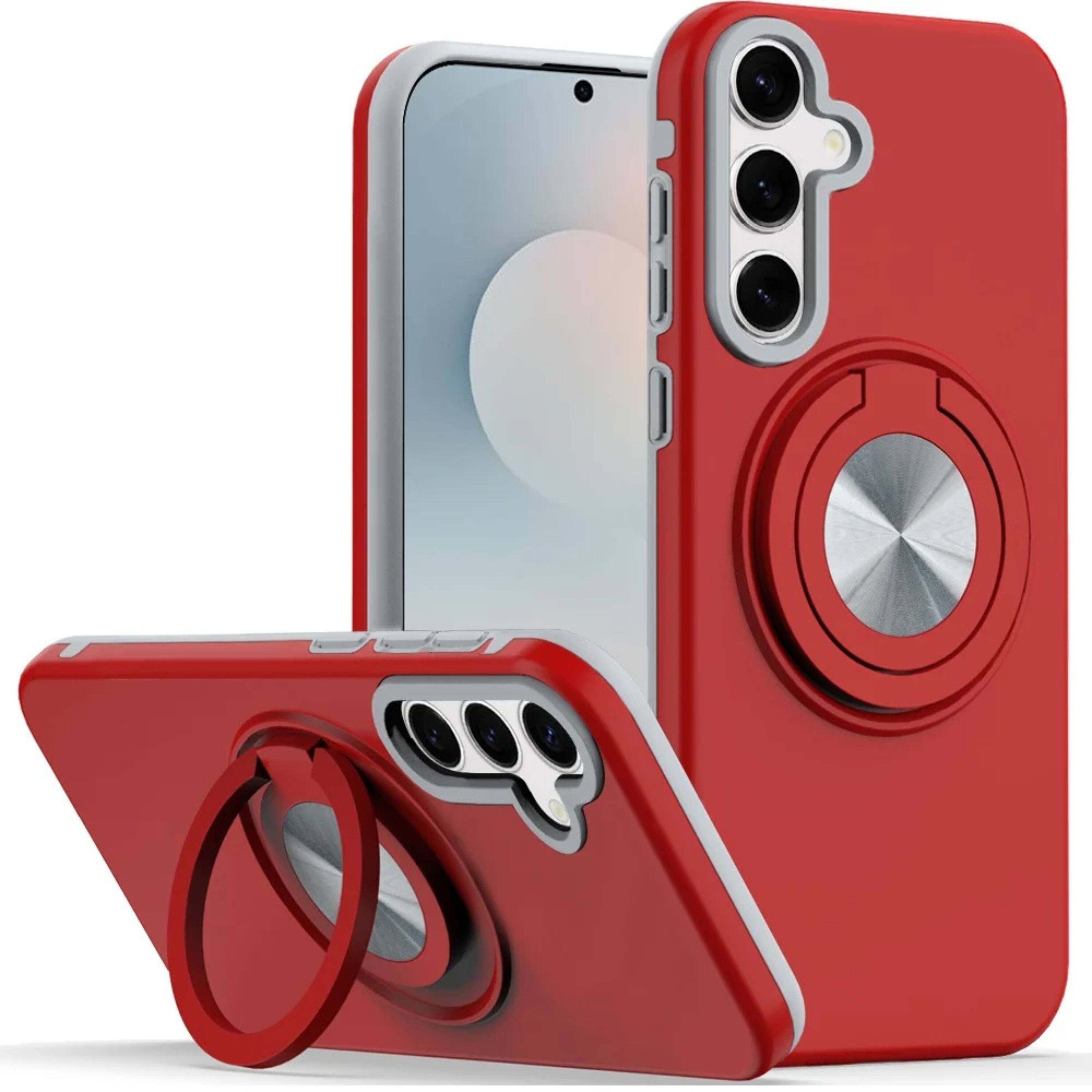 Front. Kitcheniva - Solid Rugged 360 Rotating Ring Stand Phone Case With Tempered Glass For Samsung S25 FE Red - Red.