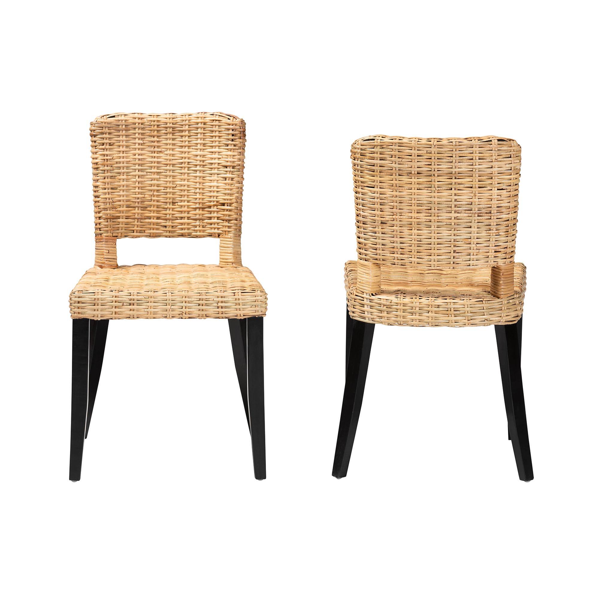Angle. bali & pari - Dermot Modern Bohemian Finished Wood and Natural Rattan 2-Piece Dining Chair Set - Dark Brown/Natural Brown.