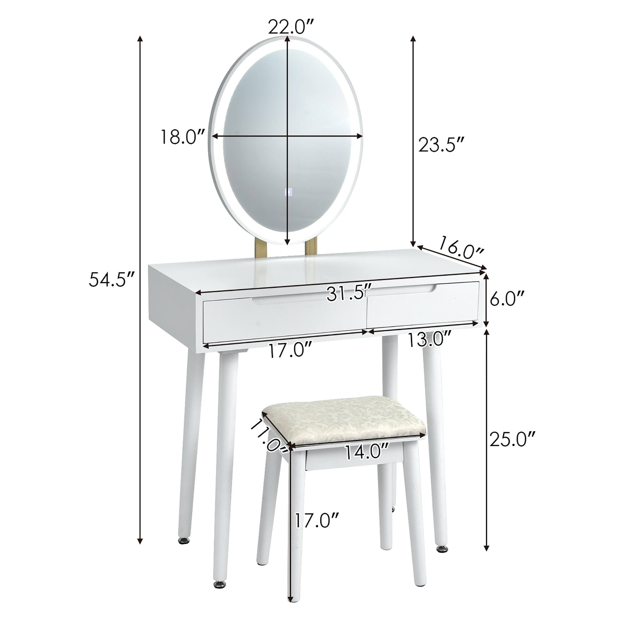 - Mirror: 22.0" x 18.0"
- Table: 54.5" x 31.5" x 16.0"
- Drawer: 31.5" x 13.0" x 6.0"
- Legs: 17.0" x 17.0"
- Stool: 14.0" x 11.0" x 25.0"
- Overall Height: 23.5"