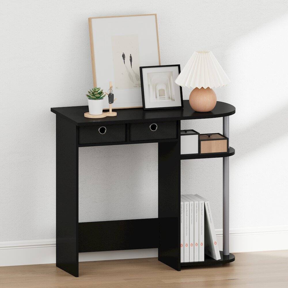 Back. Furinno - JAYA 32-Inch Black Entryway Table with 2 Fabric Drawers, Console Table with Open Shelves, Behind Sofa Couch Tables - Black/Grey/Black.