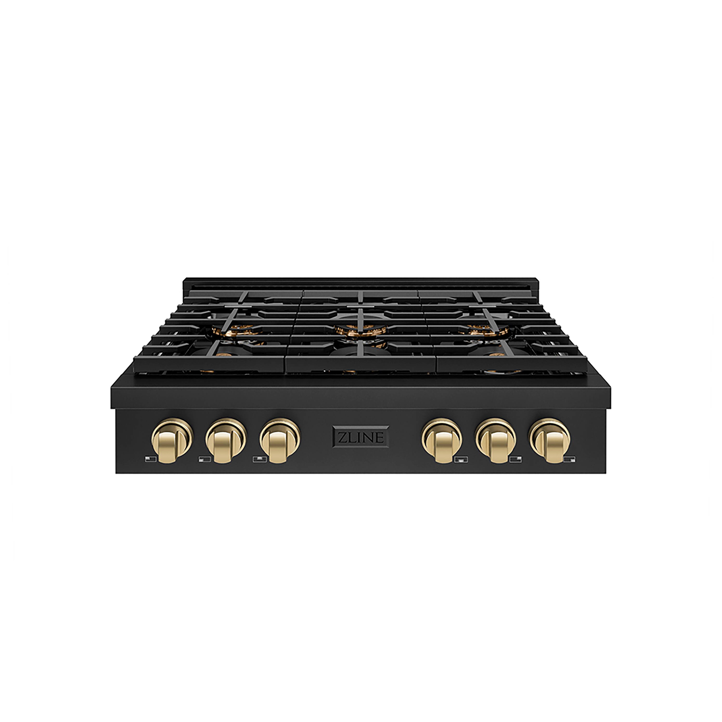 Front. ZLINE - ZLINE Autograph 36 in. Black Stainless Paramount Rangetop with 6 DuoPro Burners and Bronze Accents (PSRTBZ-36-CB) - Black Stainless Steel.