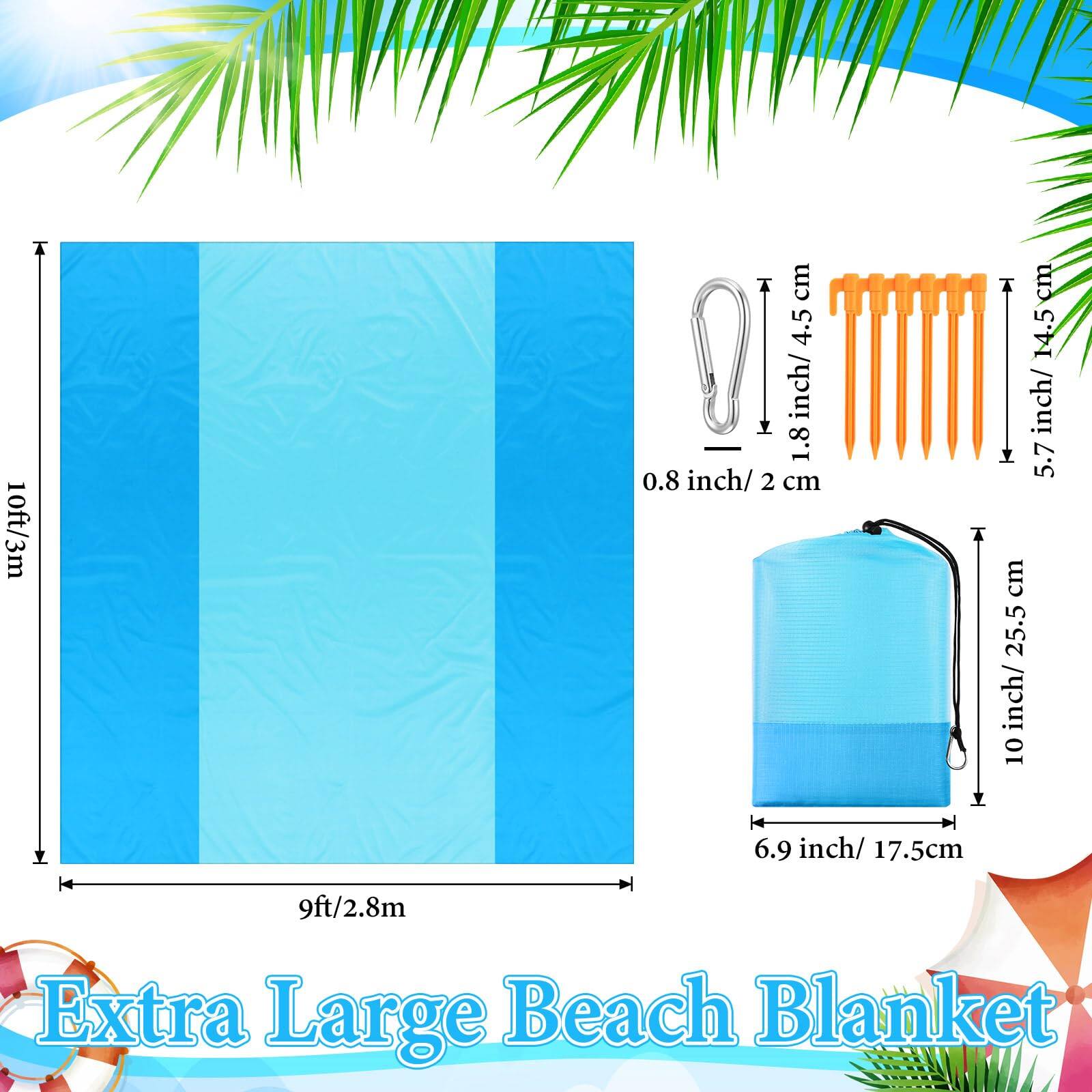 10ft/3m  
0.8 inch/2 cm  
14.5 inch/5.7 cm  
25.5 inch/69 cm  
9ft/2.8m  
Extra Large Beach Blanket  

1.8 inch/4.5 cm  
5.7 inch/14.5 cm  
10 inch/25.5 cm  
6.9 inch/17.5 cm