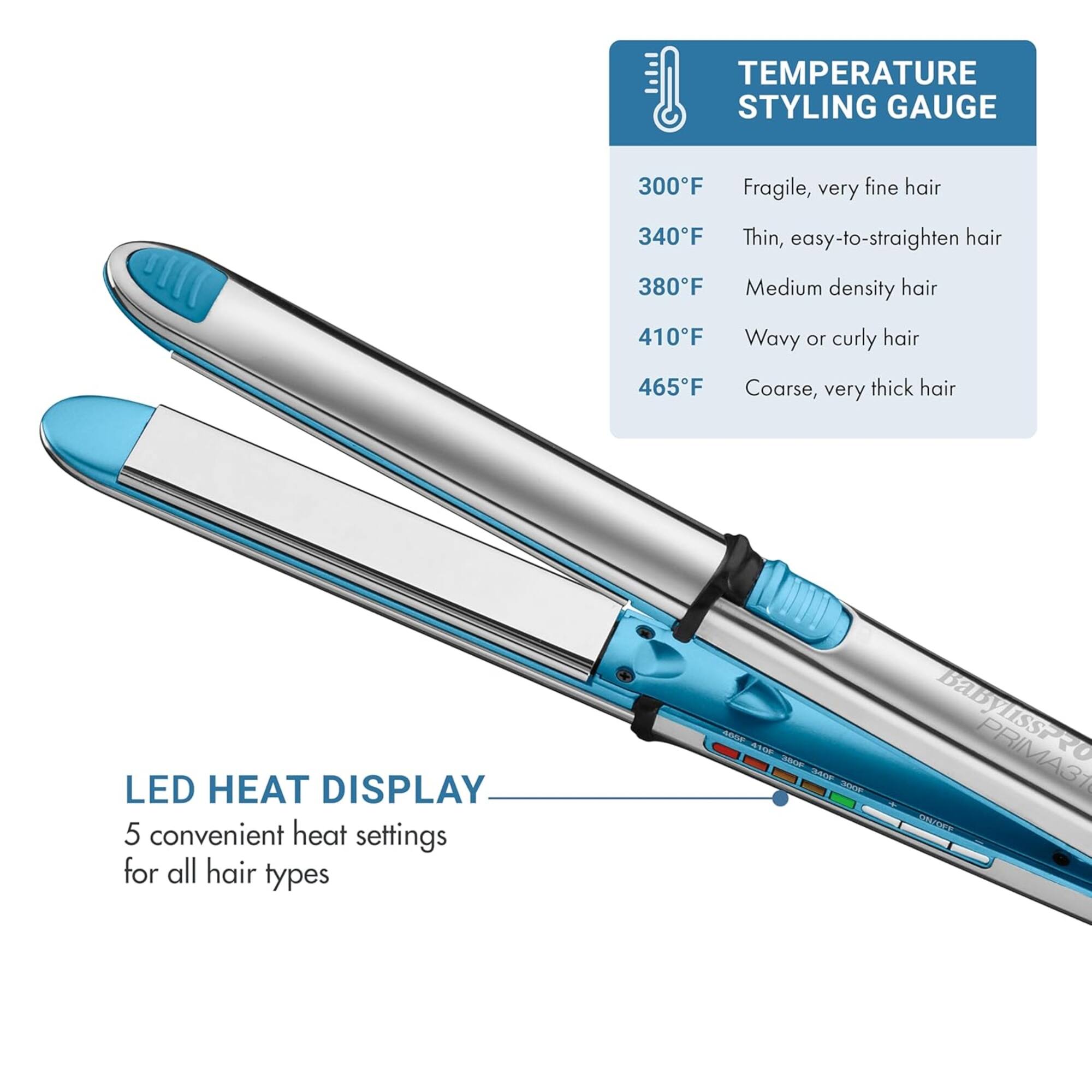 **TEMPERATURE STYLING GAUGE**

- 300°F: Fragile, very fine hair
- 340°F: Thin, easy-to-straighten hair
- 380°F: Medium density hair
- 410°F: Wavy or curly hair
- 465°F: Coarse, very thick hair

**LED HEAT DISPLAY**

5 convenient heat settings for all hair types

**AGE ASO Babyliss PRO PRIMAS**