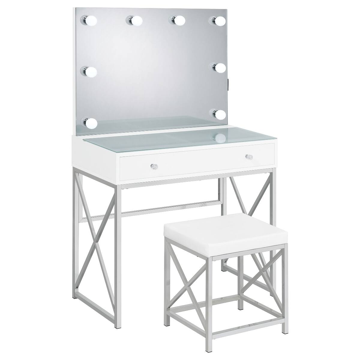 Angle. Loheer - Loheer White Makeup Vanity Set with Mirror and Stool, Lighted Globe Mirror and Drawer - White.
