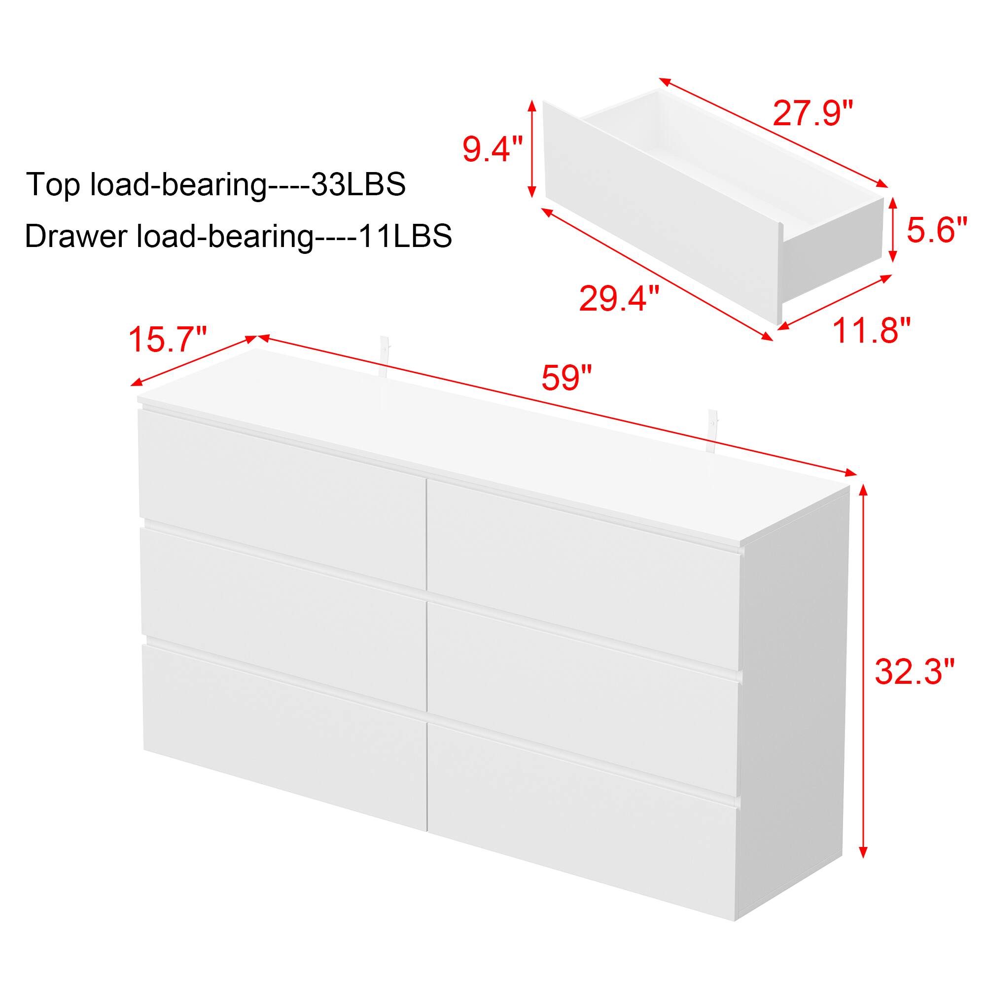 Top load-bearing----33LBS  
Drawer load-bearing----11LBS  

9.4"  
29.4"  
15.7"  
59"  
27.9"  
5.6"  
11.8"  
32.3"