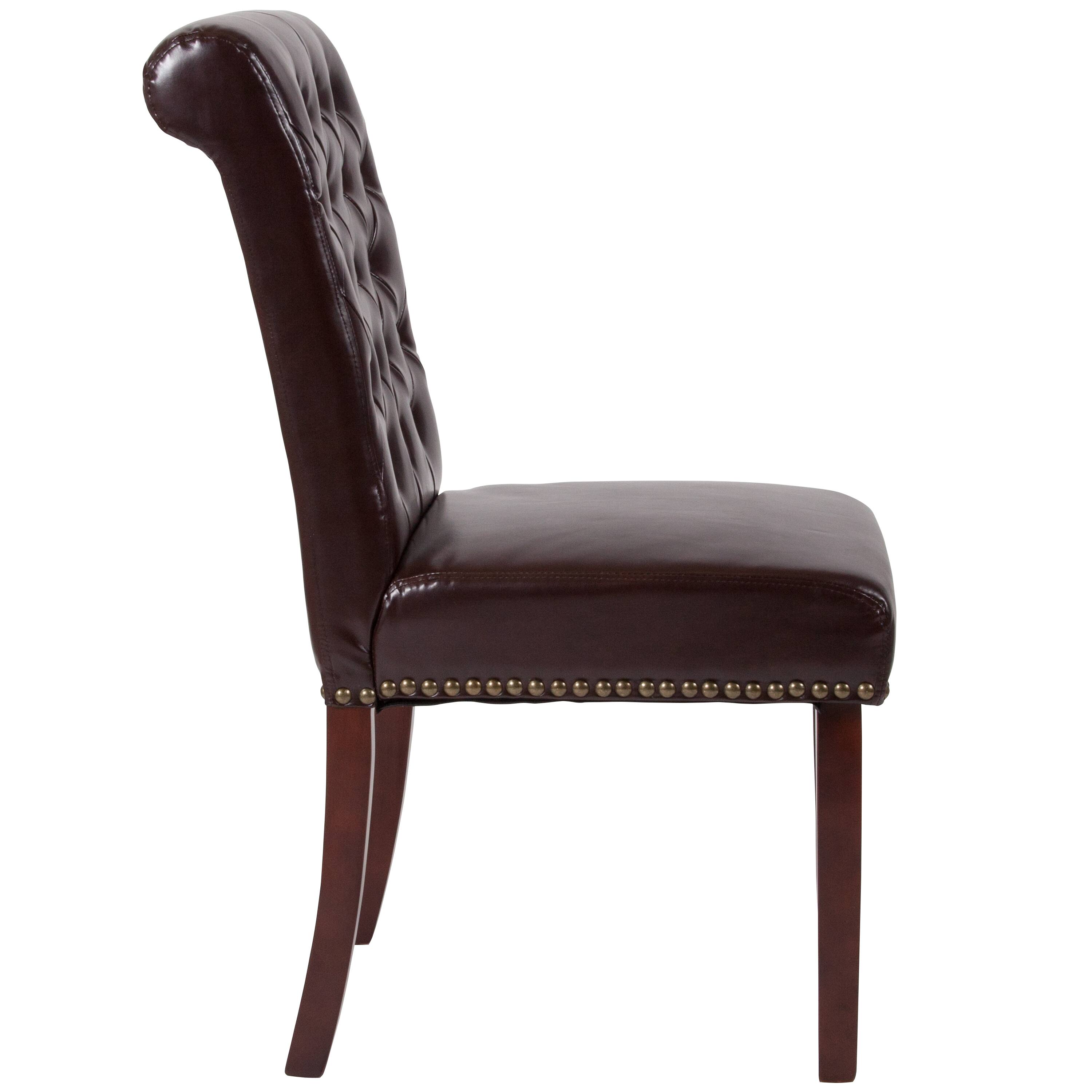 Alt View 7. Emma + Oliver - 2 PK Upholstered Rolled Back Parson's Chair with Nailhead Trim & Finished Frame with Plastic Floor Glides - Brown LeatherSoft.