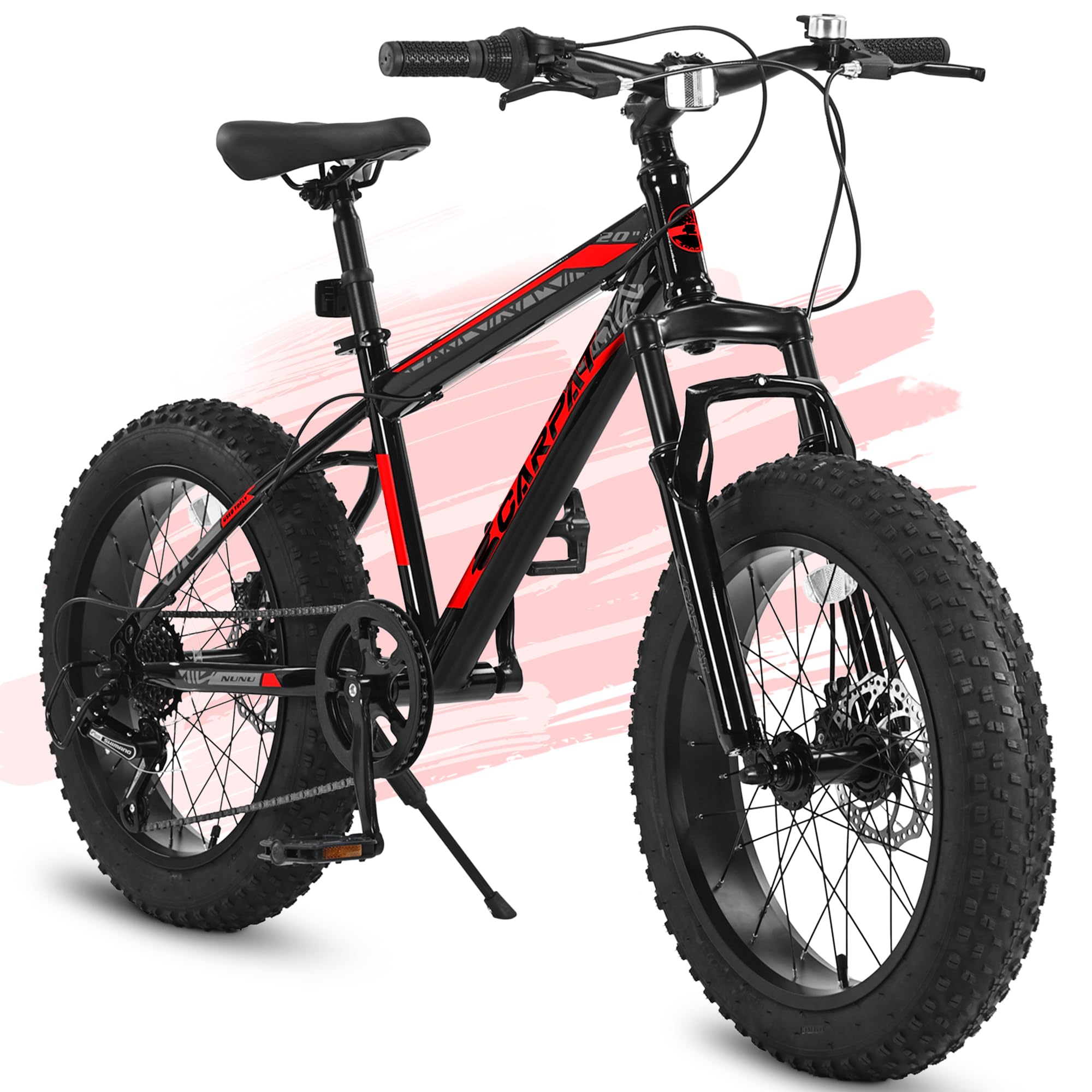Glintex - 20 Inch Mountain Bike , High Carbon Steel Frame, Disc Brakes, Durable Wide Tires, Front Suspension, 7-Speed - Black+Red