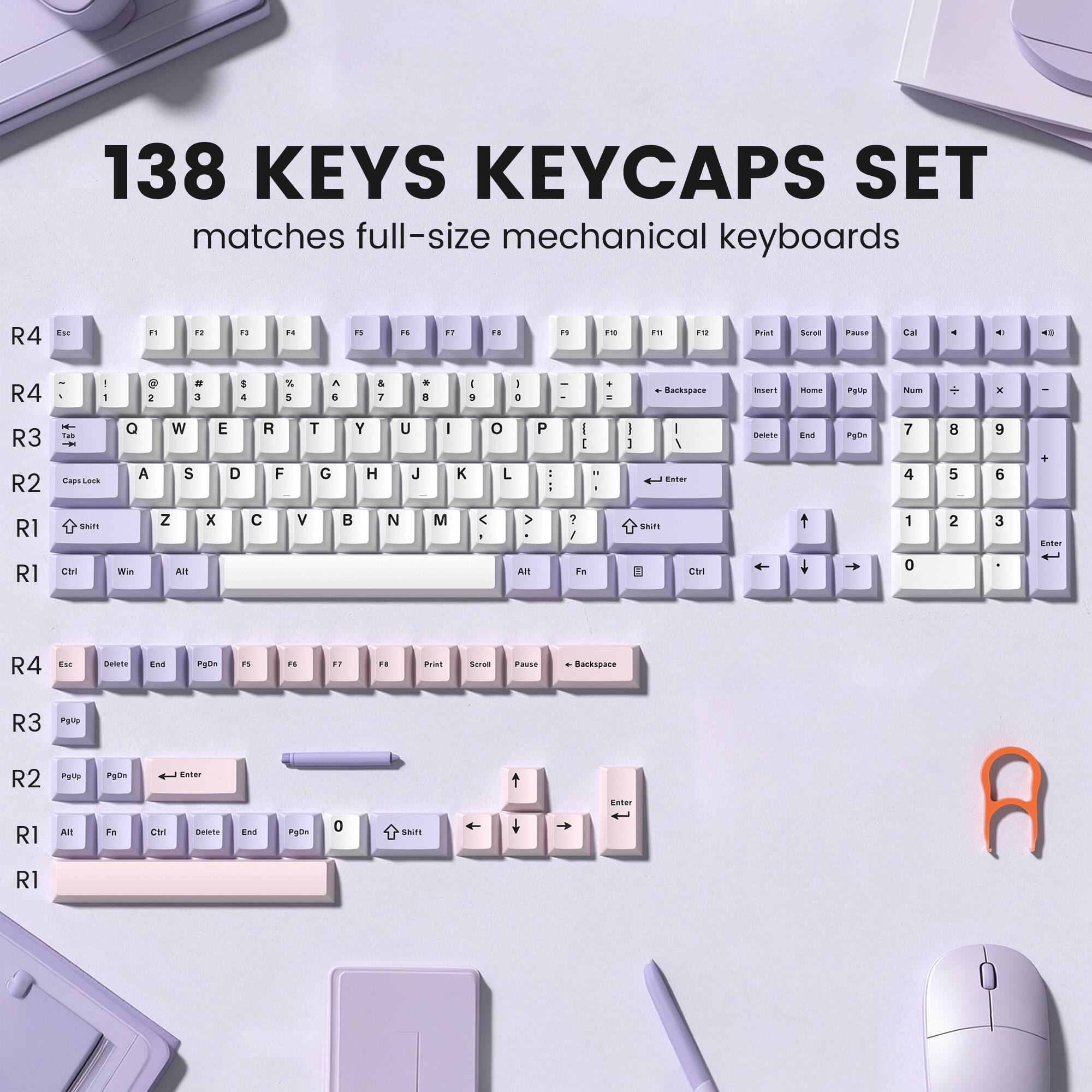 138 KEYS KEYCAPS SET matches full-size mechanical keyboards

R4
Esc
F1
F2
F3
F4
F5
F6
F7
F8
F9
F10
F11
F12
Print
Scroll
Pause
Cal

R4
! 1
@ 2
# 3
$ 4
% 5
^ 6
& 7
* 8
( 9
) 0
Backspace
Insert
Home
PgUp
Num
R3
Tab
Q
W
E
R
T
Y
U
I
O
P
Caps Lock
R2
A
S
D
F
G
H
J
K
L
R1
Shift
Z
X
C
V
B
N
M
< , >
> . /
Shift
R1
Ctrl
Win
Alt
Alt
Fn
R4
Esc
Delete
End
PgDn
F5
F6
F7
F8
Print
Scroll
Pause
Backspace
R3
PgUp
R2
PgUp