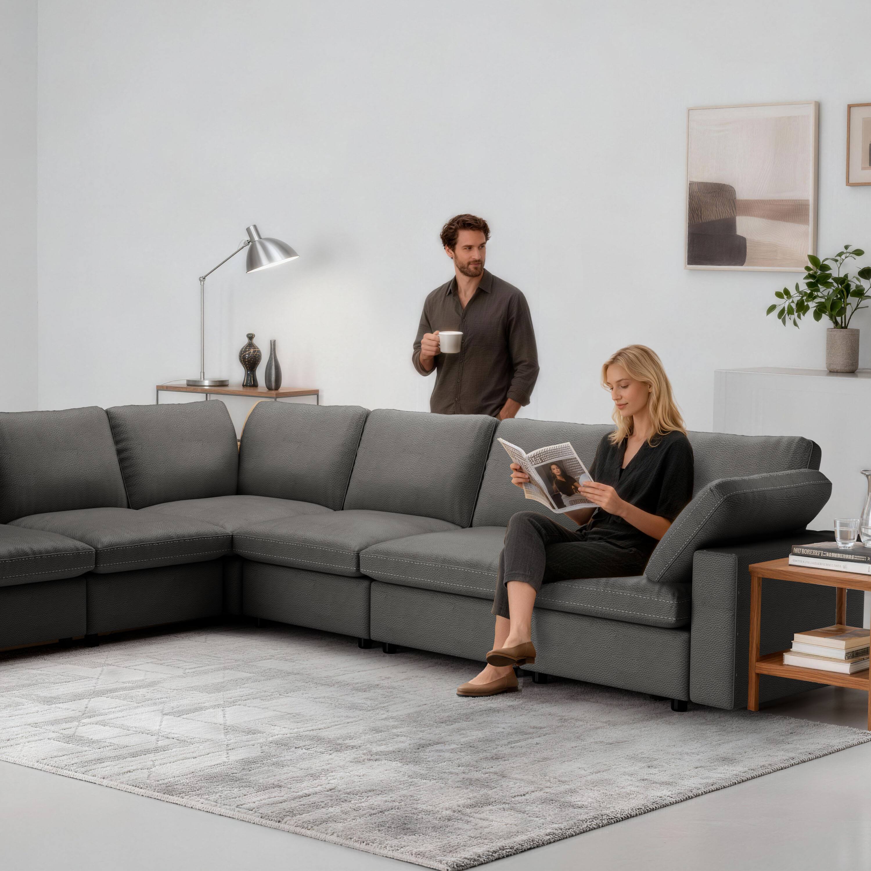 Back. Dyonery - Dyonery new cat scratch leather sofa, 7-seater, 130-inch oversized sofa, solid wood legs - Grey.