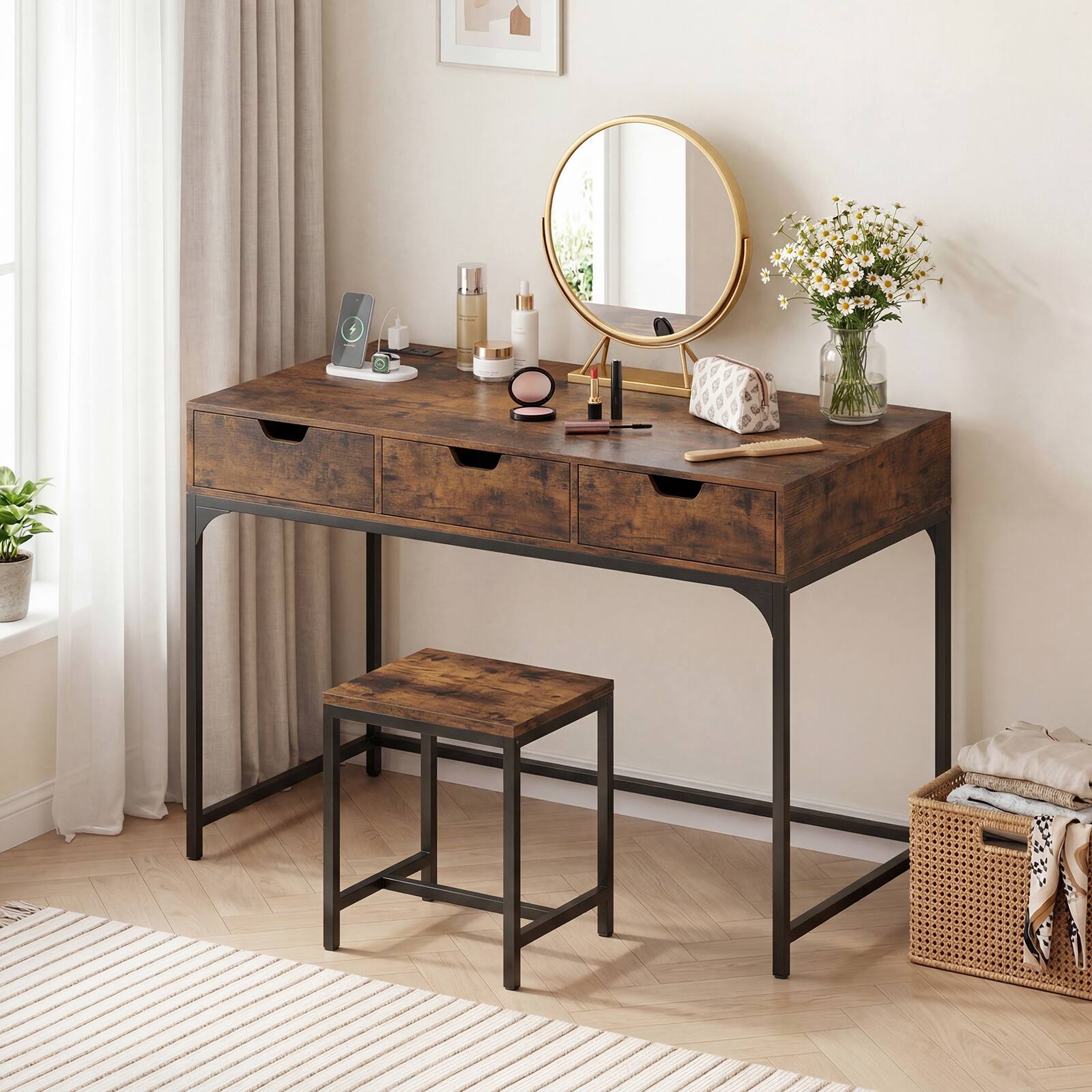 Alt View 3. Costway - Costway Office Desk with Power Outlets,43.5" Modern Writing Desk with Hidden Compartment - Rustic Brown.