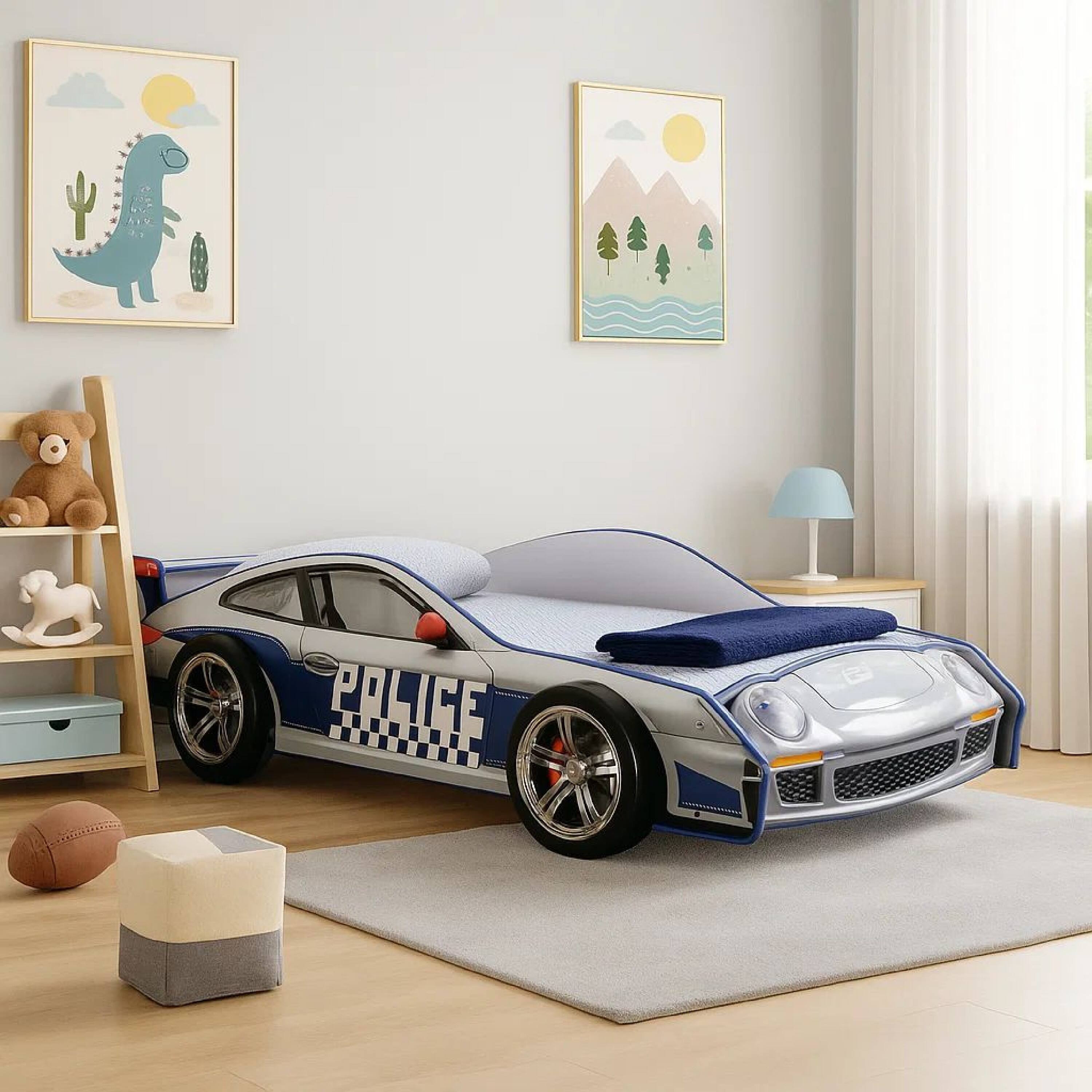 Alt View 5. Manhattan Lane - Peri Twin Size Kids Bed with Realistic Police Car Design - White, Blue.