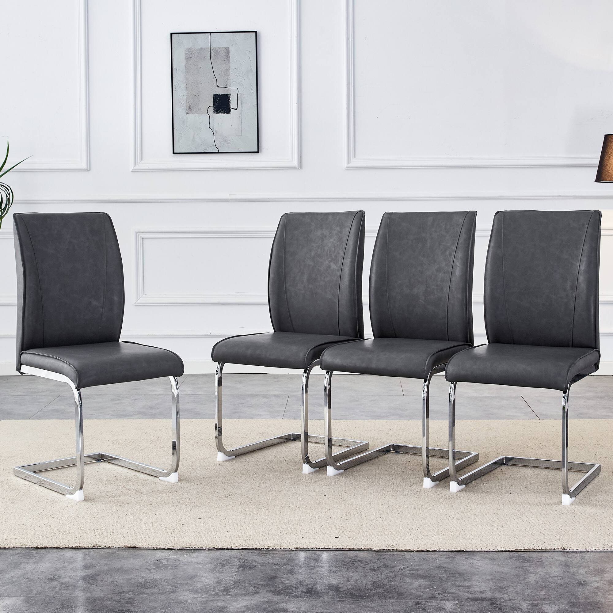 Alt View 7. Ecooso - Simple Arch Chair - Set of 4 Dark Gray PU Material High Resilience Dining Chair with Arched Metal Silver Leg. - Dark Gray,Silver.
