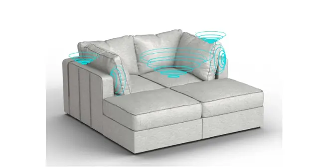 Front. Lovesac - 4 Seats + 4 Sides Tonal Sterling Luxe Chenille & Lovesoft with 6 Speaker Immersive Sound + Charge System - Tonal Sterling.