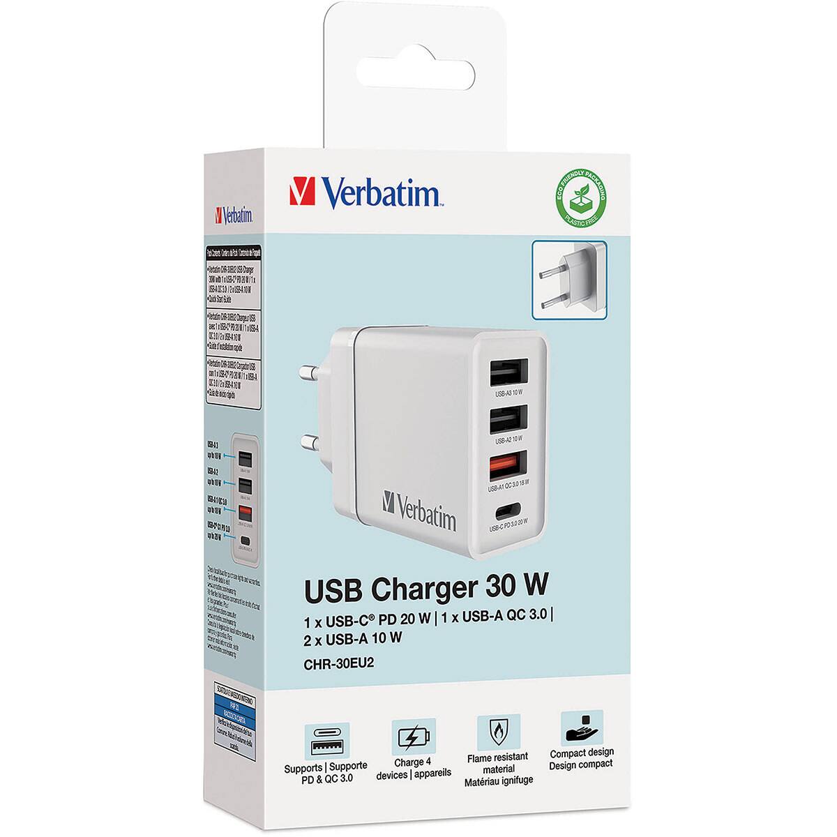 Verbatim  
FRIENDLY PACKAGING ECO PACKAGING  
Verbatim USB Charger 30 W  
1 X USB-C PD 20 W  
1 X USB-A QC 3.0  
2 X USB-A 10 W  
CHR-30EU2  
Flame resistant Compact design  
4  
Supporte Charge Design compact  
Supports appareils  
Matiériaux ignifuge