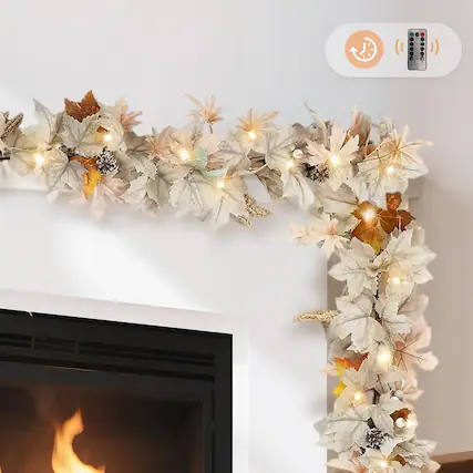 Front. PARKER SLATER - 6FT Fall Maple Leaf Garland with 40 LED Lights, Remote and Timer for Thanksgiving - White.