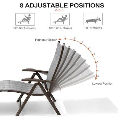 8 Adjustable Positions

105°-125° for Reading
130°-160° for Relaxing
165° for Napping

Highest Position
1 2 3 4 5 6 7 8
Lowest Position