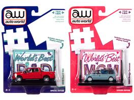Autoworld - 2018 Ford F-150 Red 1984 Dodge Caravan World's Best Mom and Dad 2-Piece 1/64 Diecast Auto World - Blue Metallic