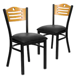 Emma + Oliver - 2 Pack Slat Back Metal Restaurant Chair - Natural Wood Back/Black Vinyl Seat/Black Metal