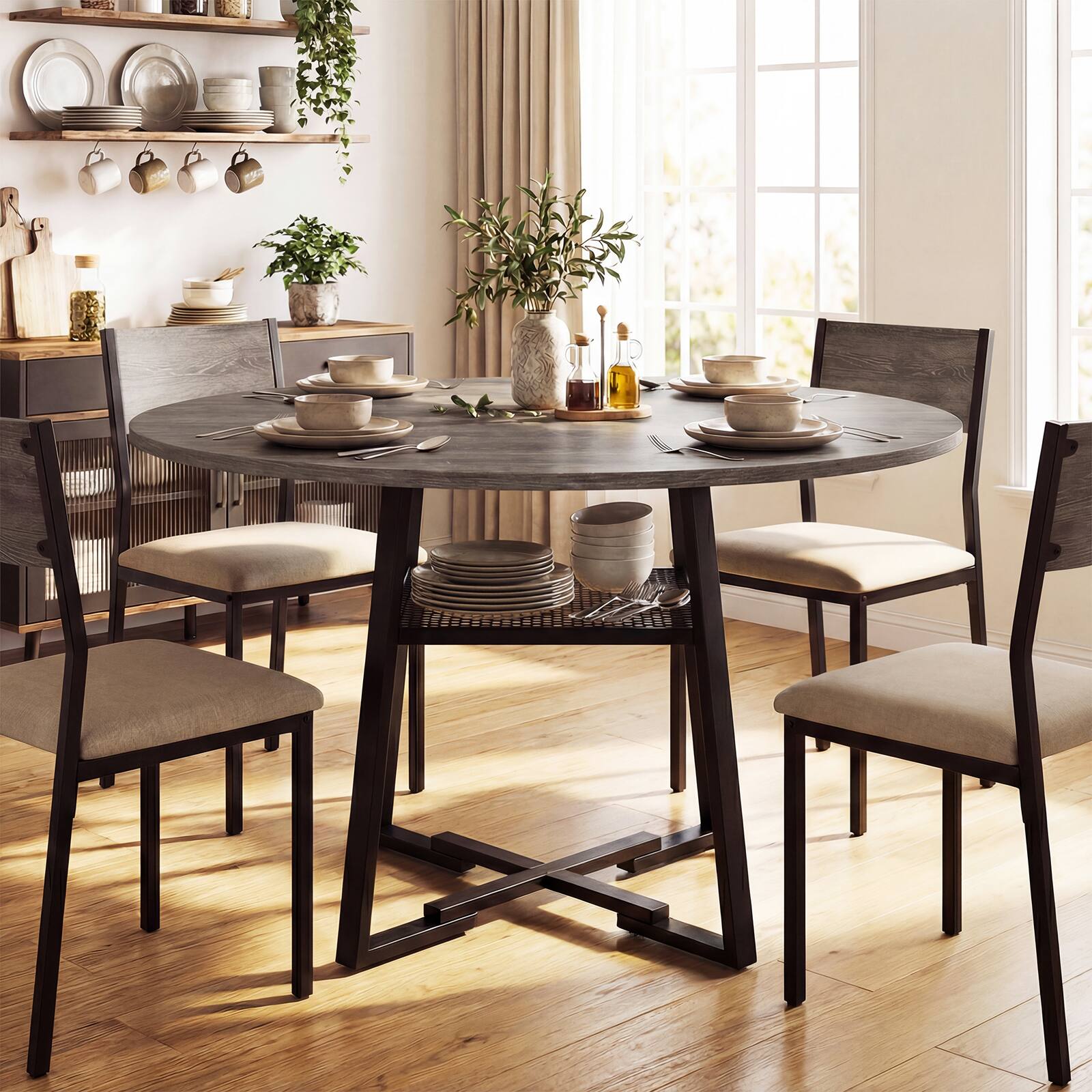 Alt View 1. Gymax - Gymax Round Dining Table for 4-6 47.5'' Dining Room Table w/Storage Shelf & Metal Legs Grey & Black - Grey.