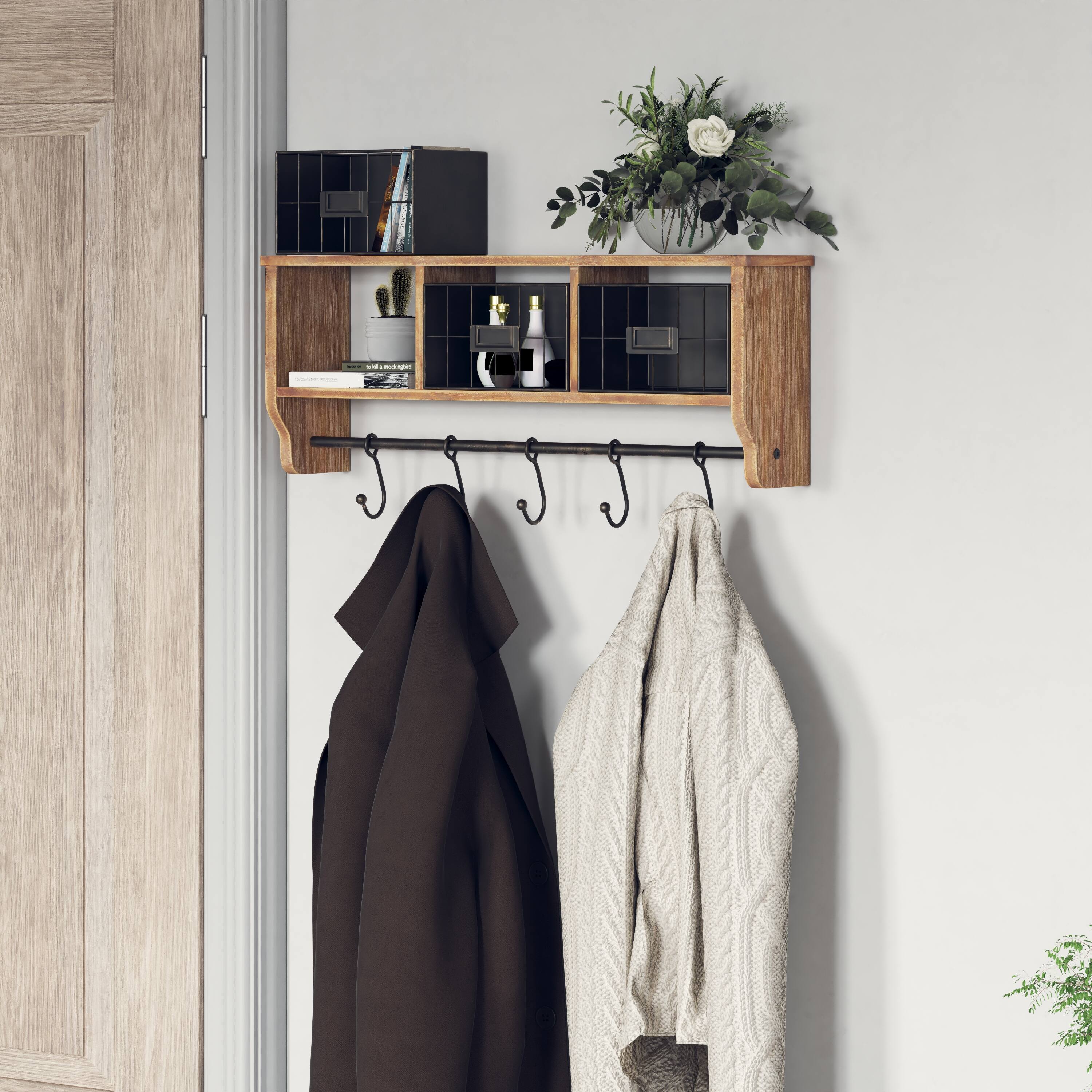 Alt View 1. Emma + Oliver - Mulhall Rustic Country Wall Mounted Shelf with 5 Adjustable Sliding Hooks and Three Wire Storage Baskets - Rustic Brown.