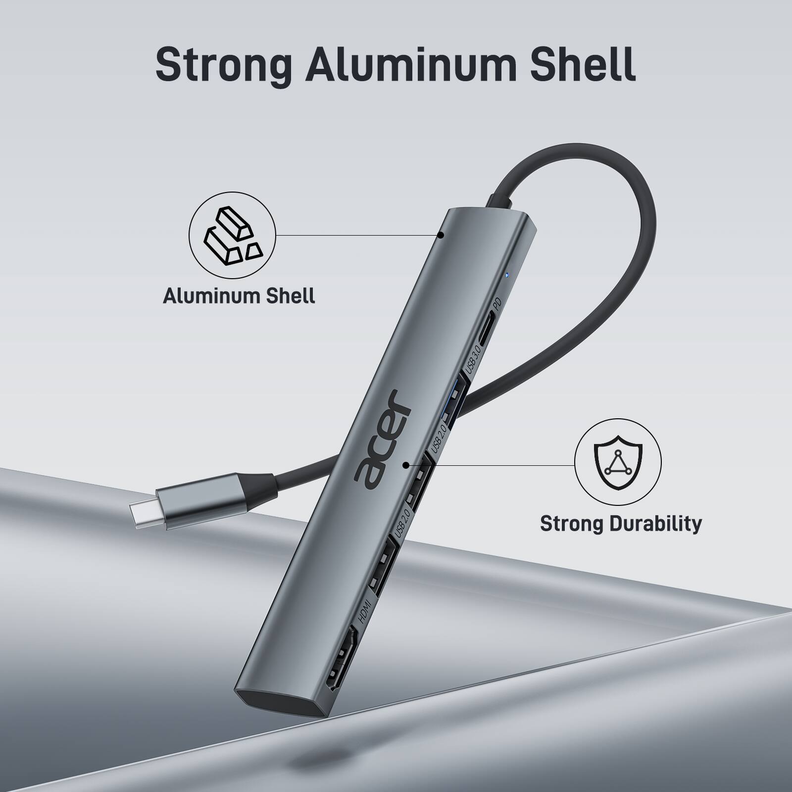 The corrected text is:

"Strong Aluminum Shell, Aluminum Shell, USB 2.0, USB 3.0, Strong Durability, HOMI"