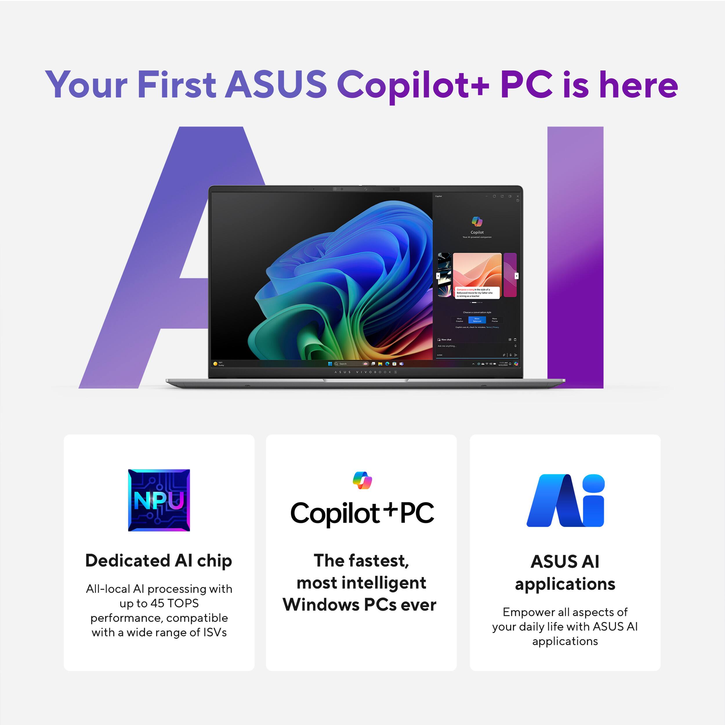 Your First ASUS Copilot+ PC is here - AI Dedicated Chip - The fastest, most intelligent applications processing up to 45 TOPS - Windows PCs ever - Empower all aspects of performance, compatible with your daily life with ASUS AI and a wide range of ISV applications.