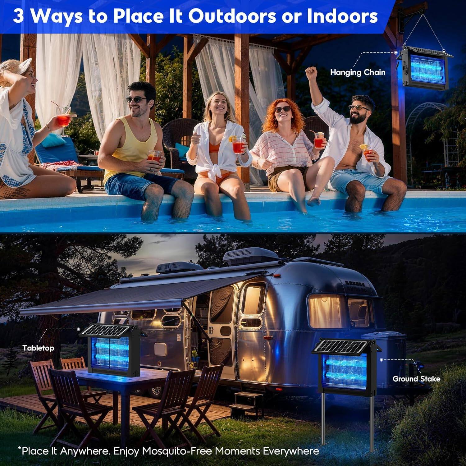 3 Ways to Place It Outdoors or Indoors

- Hanging Chain
- Tabletop
- Ground Stake

*Place It Anywhere. Enjoy Mosquito-Free Moments Everywhere