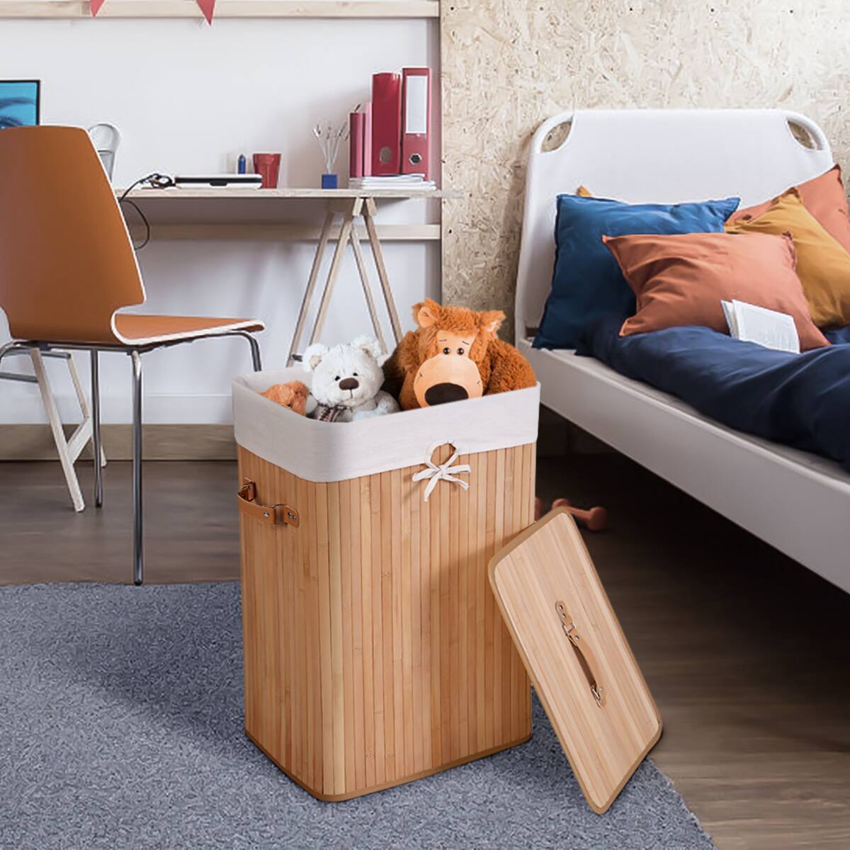 Alt View 11. Costway - Rectangle Bamboo Hamper Laundry Basket Washing Cloth Bin Bag Lid Natural - Natural/White.