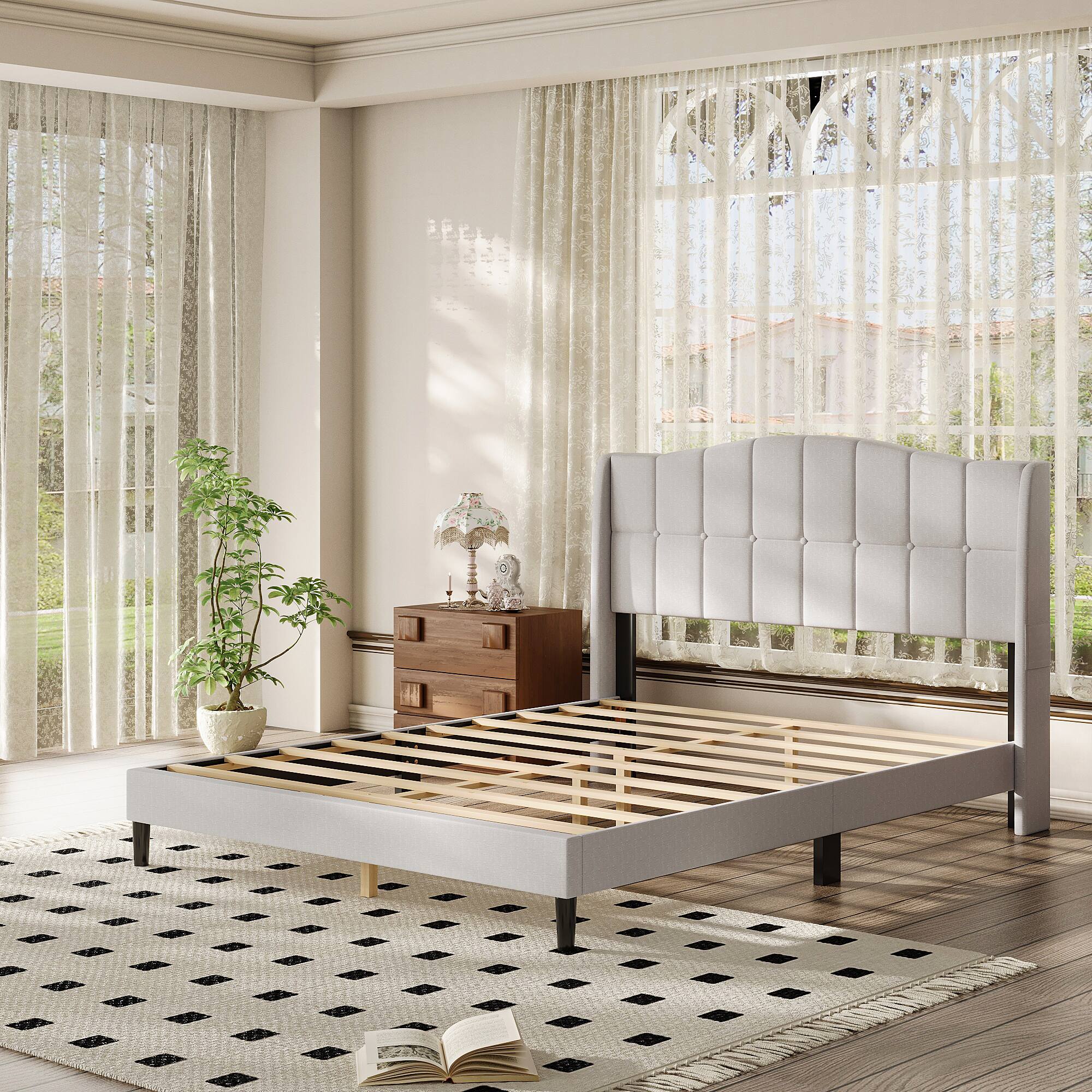 Alt View 1. Famapy - Famapy Upholstered Bed Frame: Tufted Headboard, Reinforced Slats & Quiet Stability - Gray.